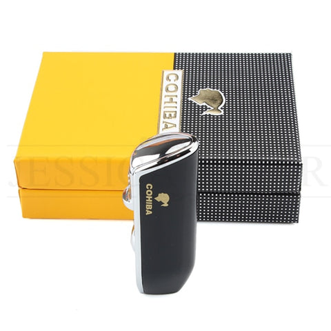 Image of COHIBA Metal Windproof Mini Pocket Cigar Lighter 3 Jet Blue Flame Torch Cigarette Lighters With Cigar Punch Gift Box