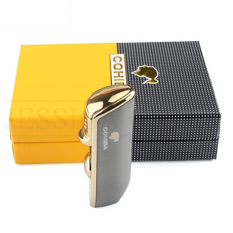 Image of COHIBA Metal Windproof Mini Pocket Cigar Lighter 3 Jet Blue Flame Torch Cigarette Lighters With Cigar Punch Gift Box